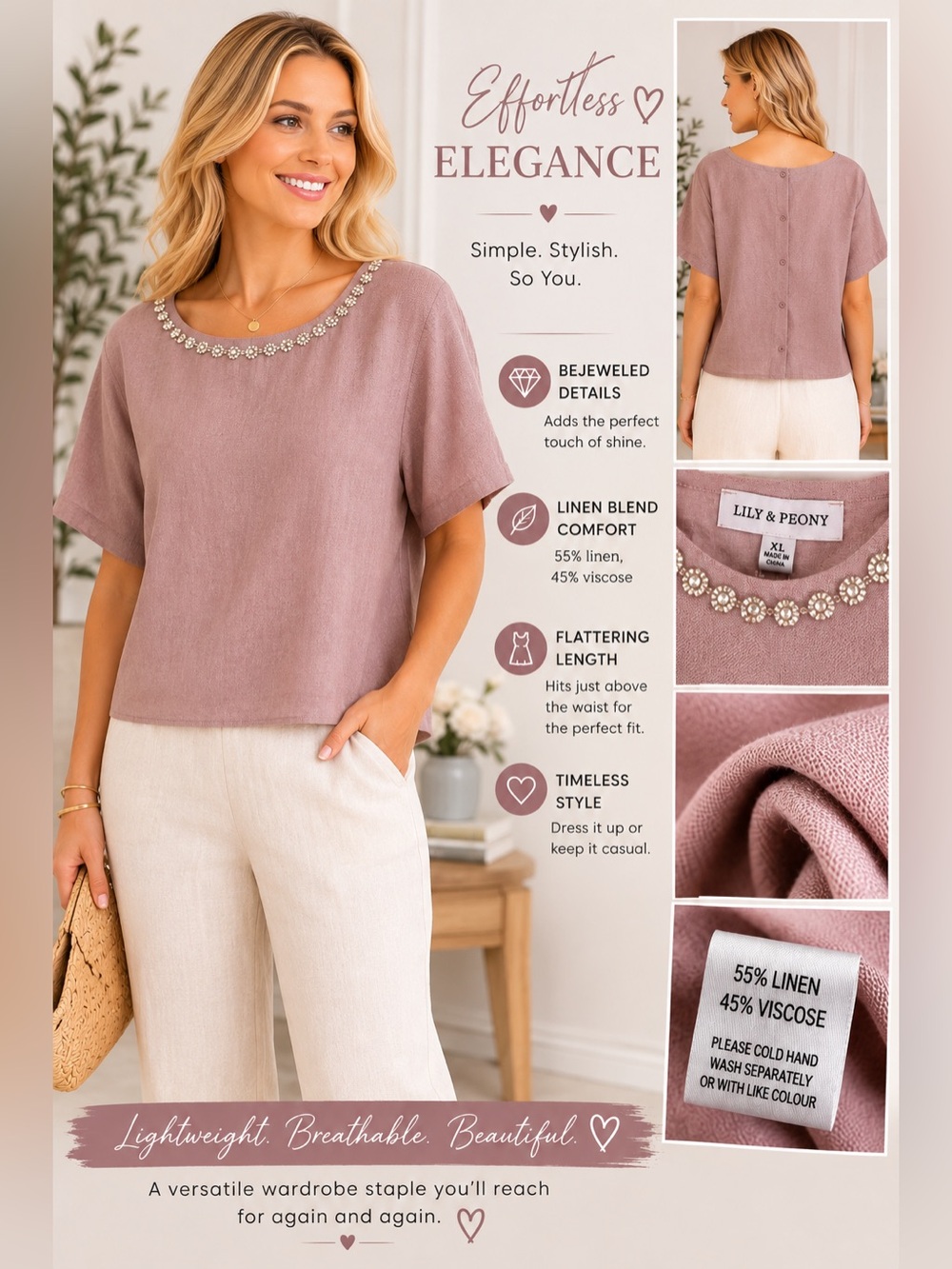 Lily & Peony Blouse XL Pink Embellished Neckline